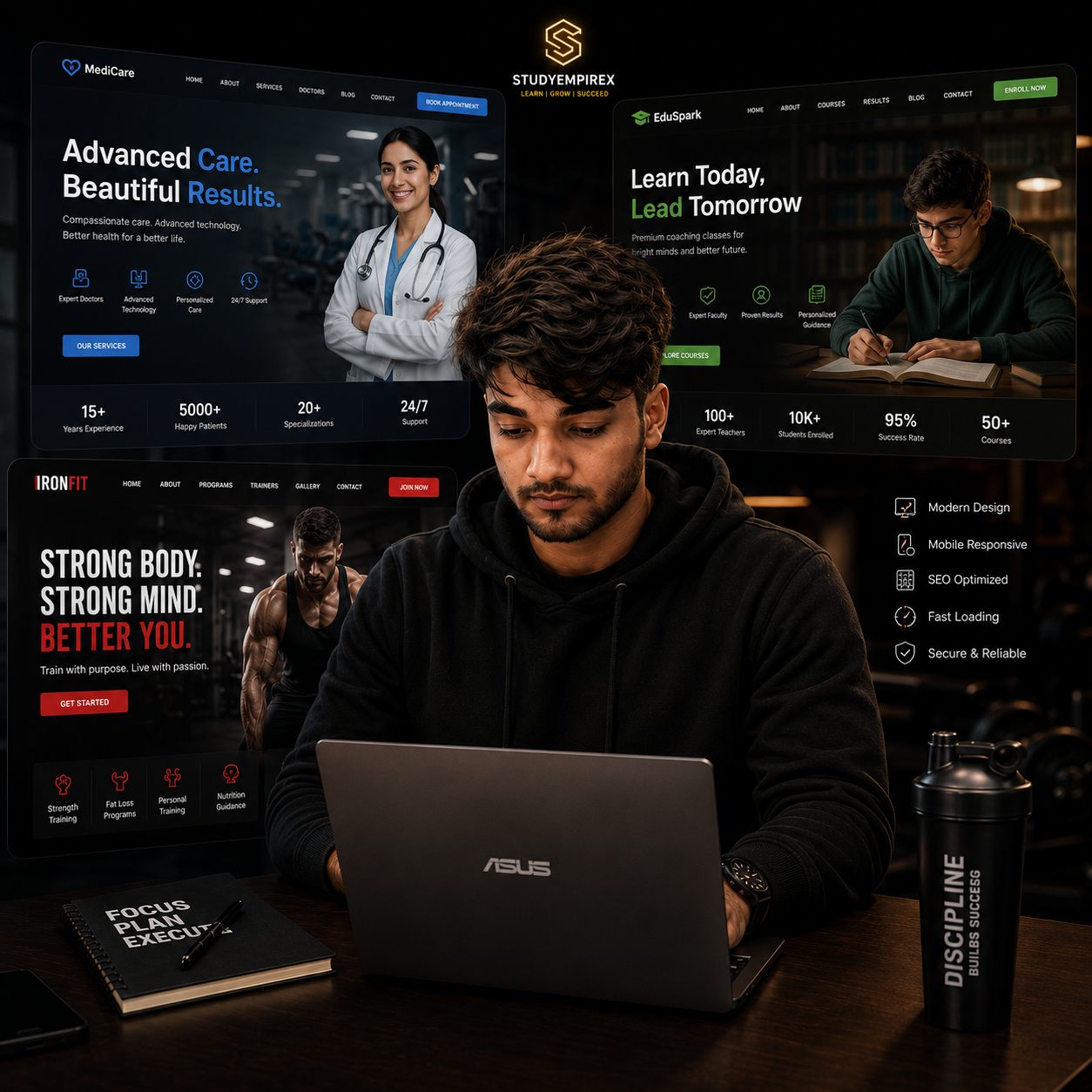 StudyEmpireX website showcase with clinic, coaching and gym demos
