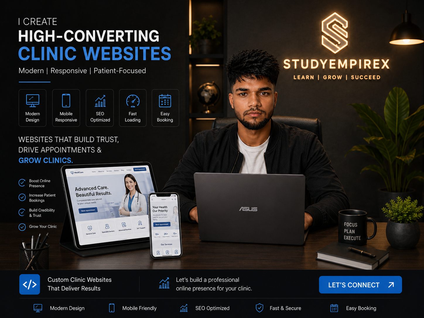 Wide clinic website concept with StudyEmpireX branding
